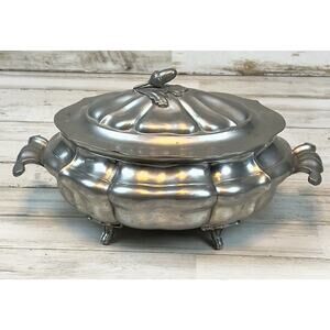Vintage Pewter Pumpkin Shape Footed Tureen w Lid Acorn Finial Unmarked